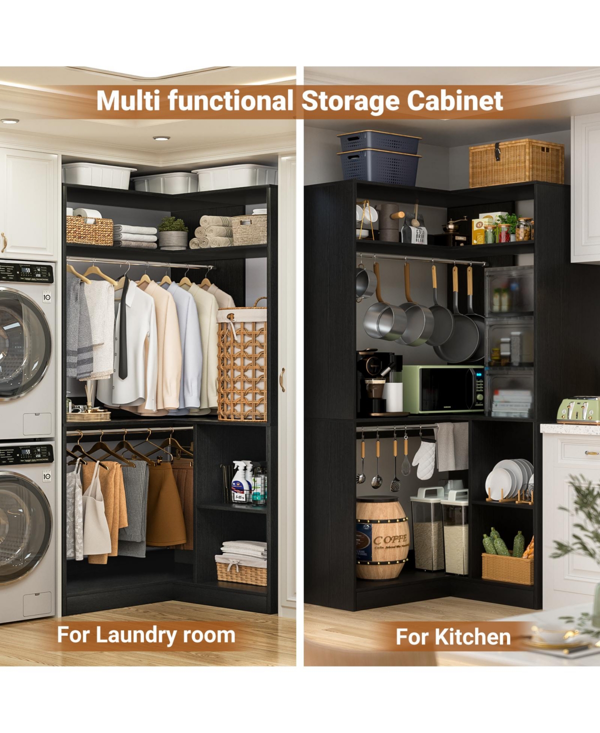 Freestanding Corner Closet Organizer, System with Hanging Rods and Storage Shelves