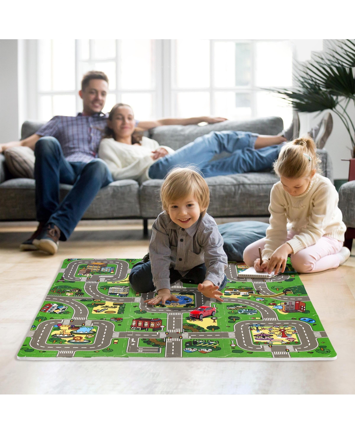 Sorbus 9 Traffic Puzzle Pattern Foam Interlocking Tiles - Children Educational Playmat - For Playroom, Nursery, Home, & More (9 Tiles with Borders)