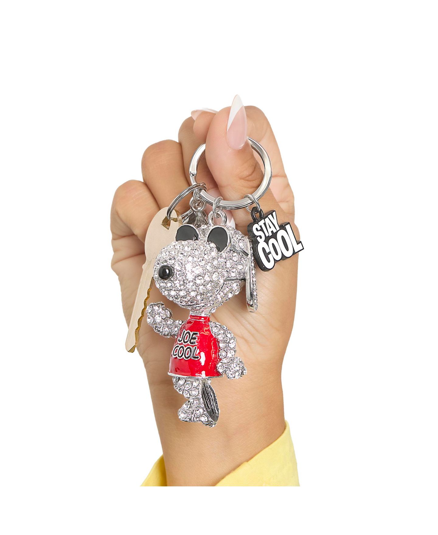 Женский брелок Peanuts Snoopy 'Joe Cool' Crystal Keychain with Stay Cool Tag, Silver Tone, цвет: Серебряный / Красный чёрный — фото 5