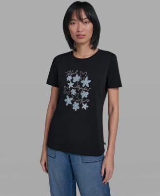 Women's Crew Neck Denim Flower T-Shirt