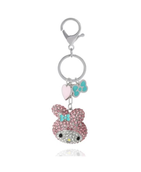 Женский брелок Hello Kitty Sanrio My Melody Crystal Keychain with Heart & Bow Charms, цвет: Серебряный / Розовый аквамариновый