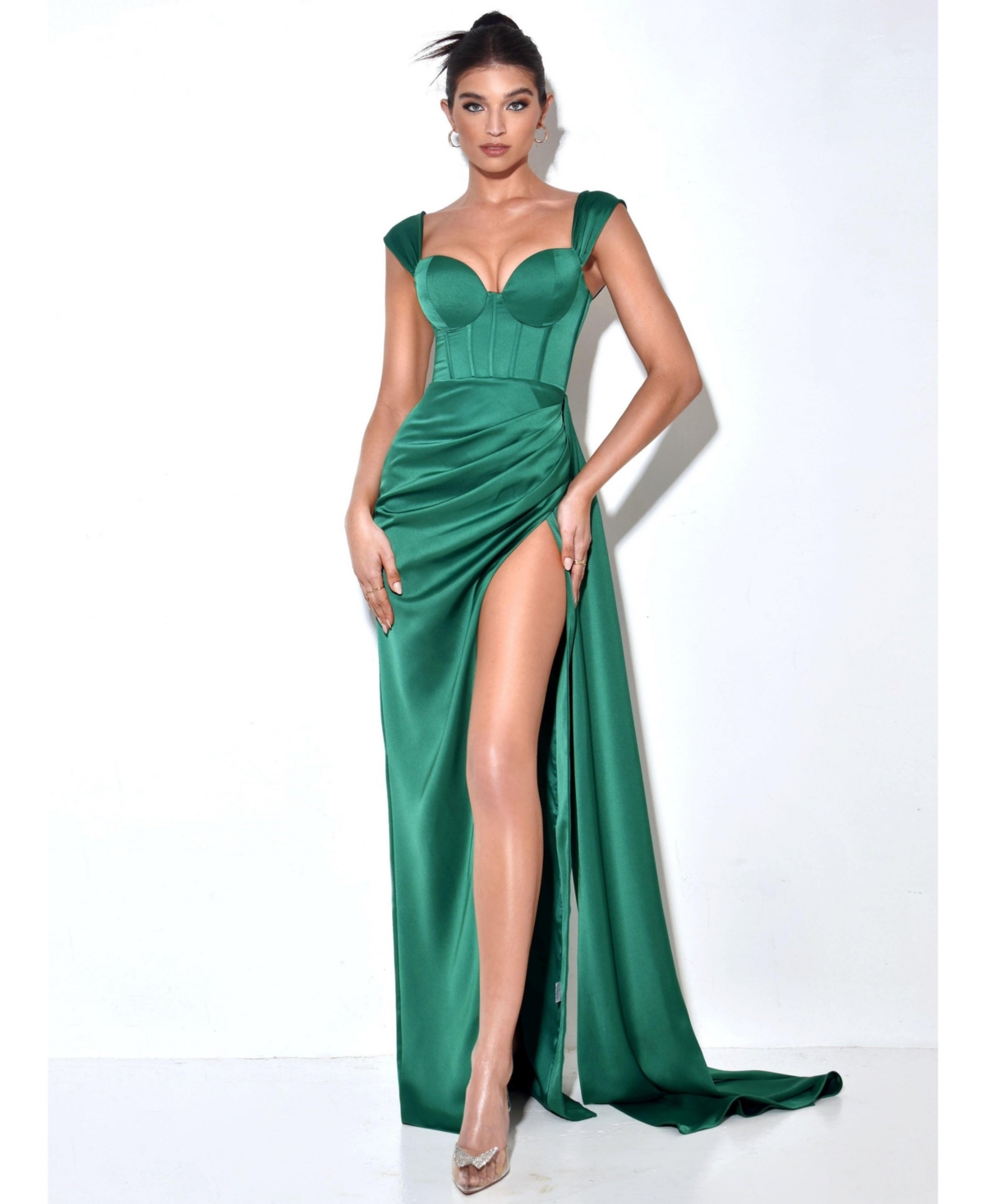 Miss Circle Women's Zayda Green High Slit Corset Satin Gown