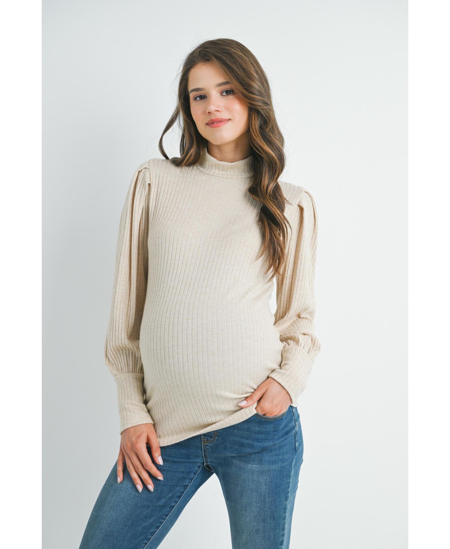 Women's Ribbed Mock-Neck Puff-Sleeve Top