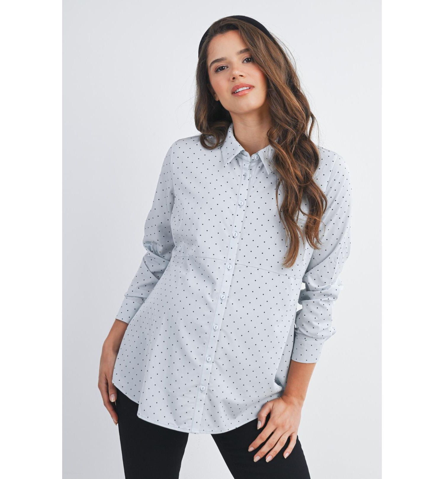 Maternity Button Down Polka Dot Long Sleeve Nursing Top