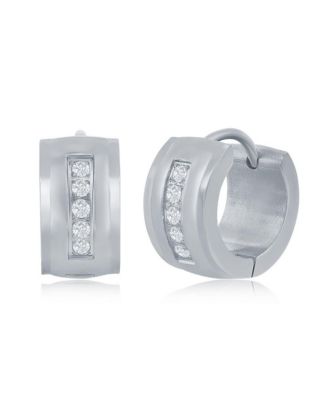 Metallo Stainless Steel 13x7mm CZ huggie Hoop Earrings
