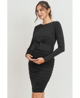 Maternity Front Tie Crew Neck Side Ruched Nursing Dress