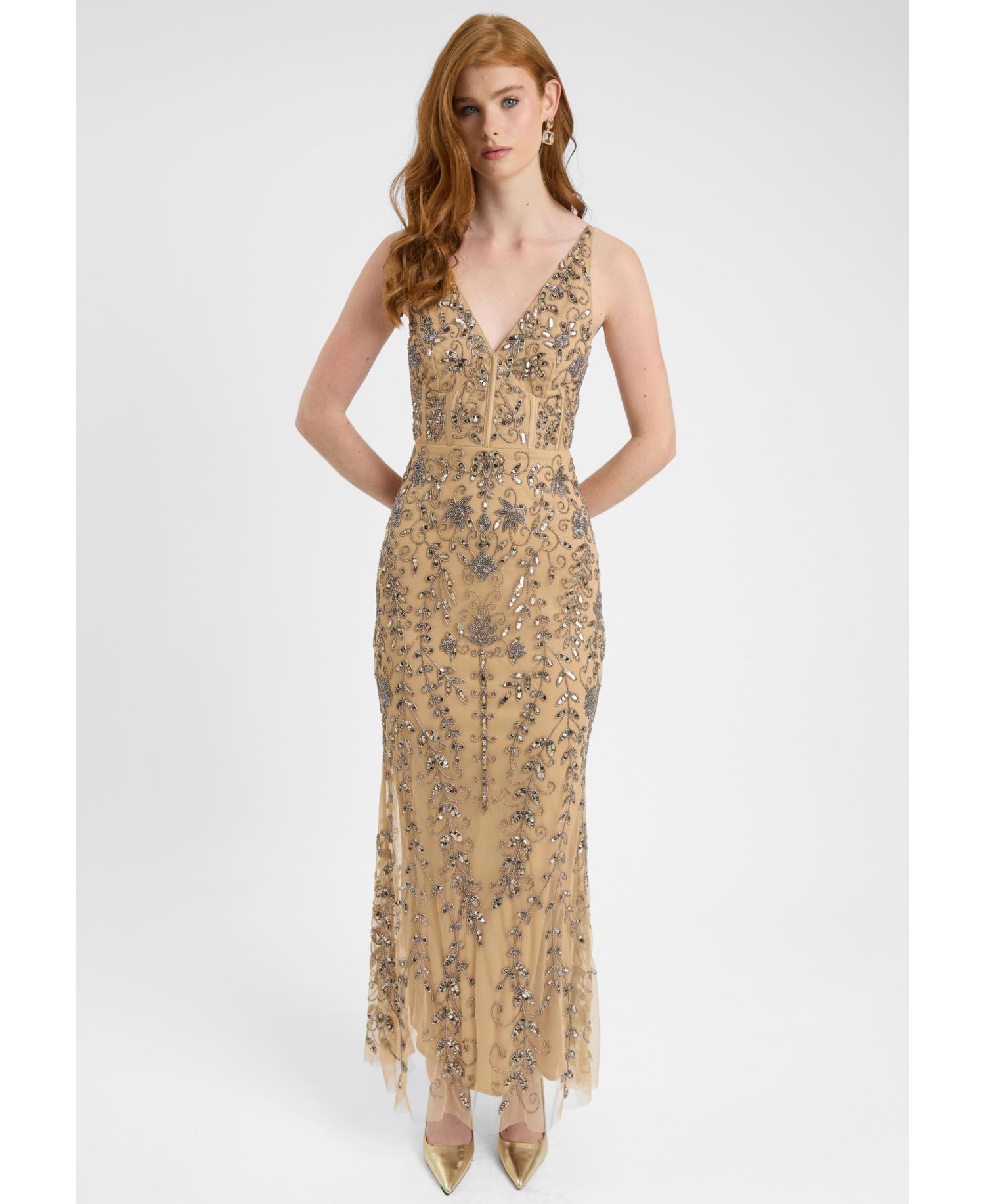 Women's Embellished Sequin Beaded Corset Maxi Dress With Deep V-Cut