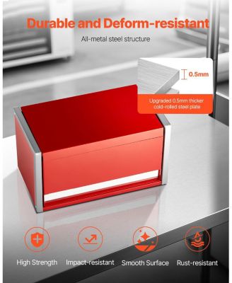 Metal Tool Box, 8.6", Portable 3-Drawer Tool Chest, EVA Liners, PP Feet, Ball-Bearing Slides, Powder-Coat, Red