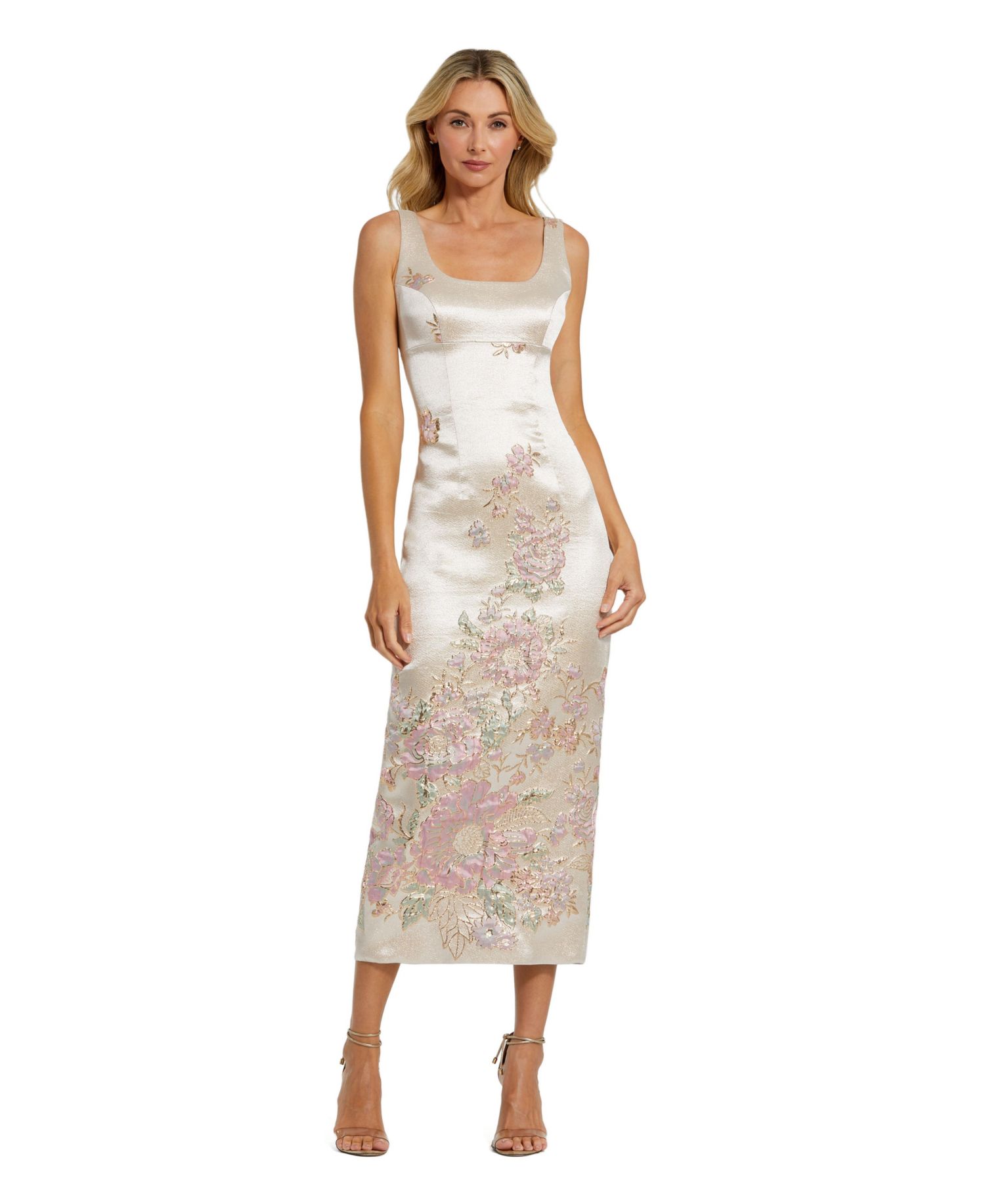 Women's Slim Strap Scoop Neck Bustier Brocade Midi Dress