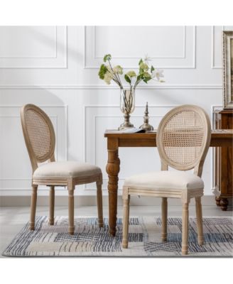 French Style Solid Wood Frame Linen Fabric Rattan Back Dining Chair,Set of 2,Cream