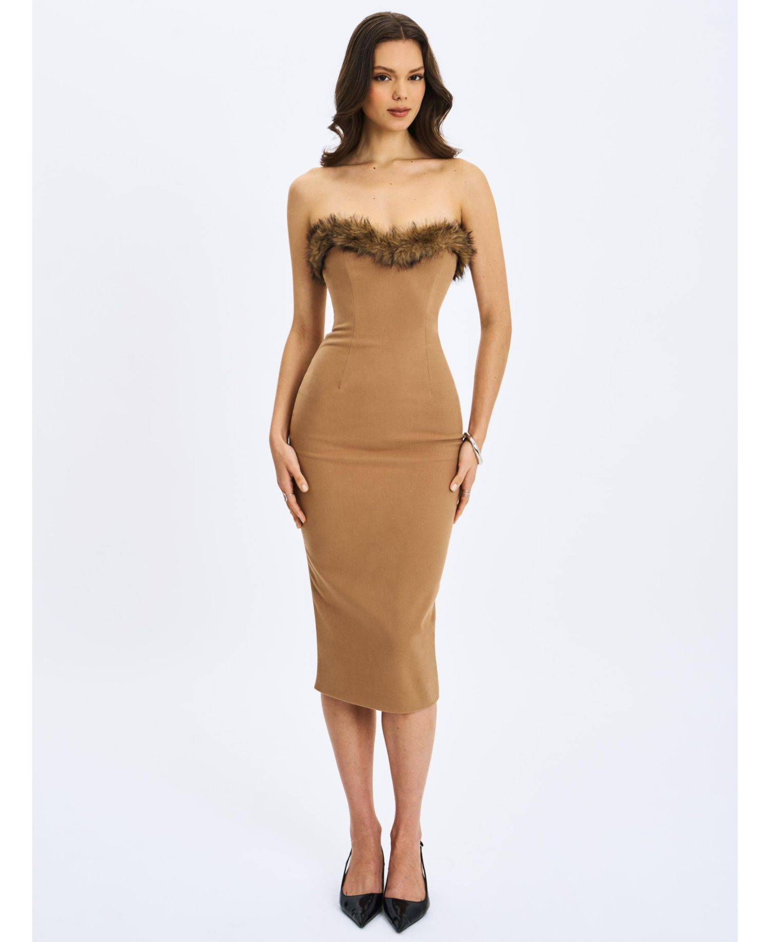Women's Rayanne Chestnut Strapless Fur-Trimmed Sweetheart Maxi Dress