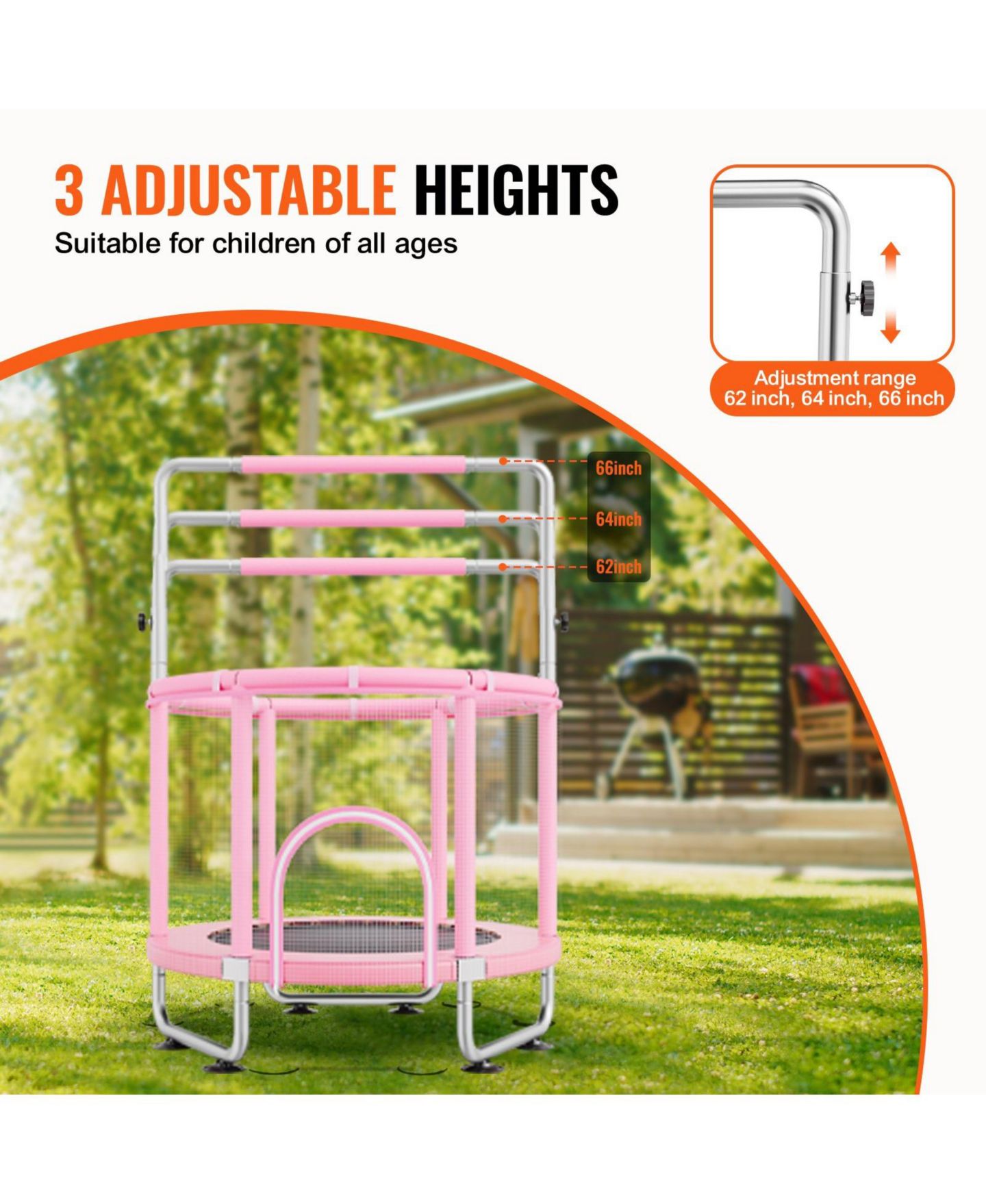 Детская игрушка Mecale Kids Trampoline, 55", Indoor/Outdoor with Enclosure Net & Basketball Hoop, Ages 3+, цвет: Розовый — фото 6