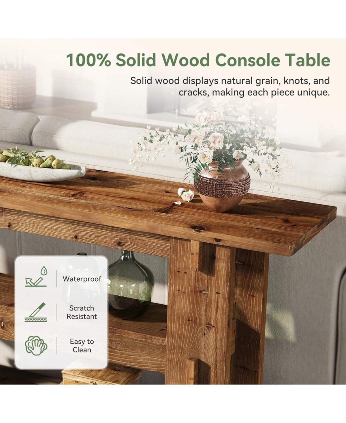 Tribesigns 63-Inch Solid Wood Console Table, Farmhouse Sofa Table Behind Couch with Storage Shelves, Entryway Furniture