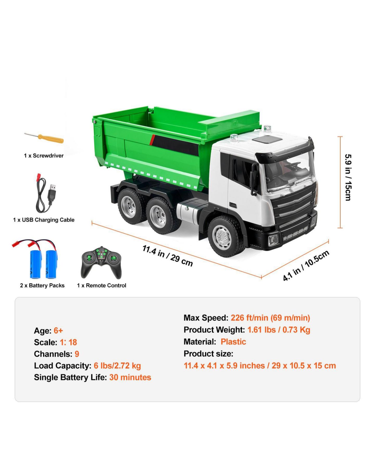 Детская игрушка Slickblue 1:18 Scale 9-Channel Remote Control Dump Truck, цвет: Зелёный / Белый — фото 4