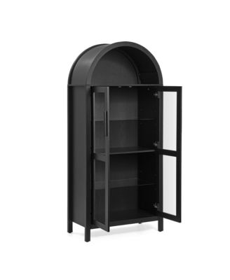 High Arched Storage Cabinet with Adjustable Glass Partitions and LED Lamp for Multi-Functional Use in Kitchens, Living rooms