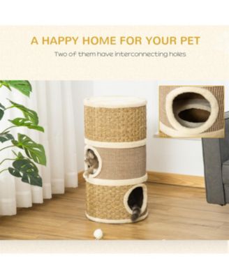 Cat Condo with Scratching Pad,3 Story Cat Hideaway in Khaki and Brown