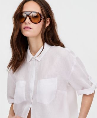 Women's 100% Linen Solid Roll-Tab Camp Shirt