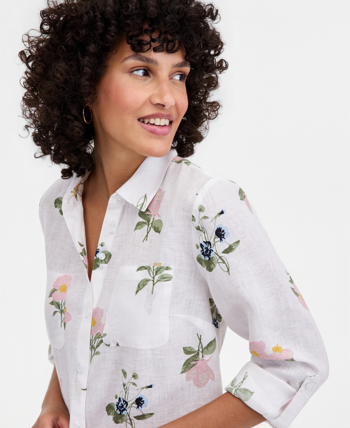 Charter Club Women's 100% Linen Darling Floral Roll-Tab Shirt, Created for Macy's