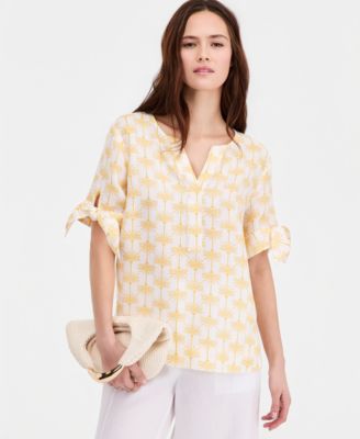 Women's 100% Linen Woven Vine Tie-Sleeve Top