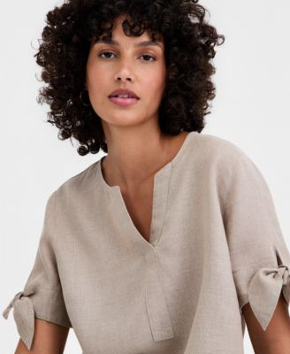 Women's 100% Linen Split-Neck Tie-Cuff Top