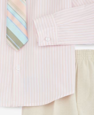 Boys' 2T-7 Khaki Linen Notch Collar Suit Jacket, Pants, Long-Sleeve Stripe Shirt & Plaid Necktie, 4-Piece Set