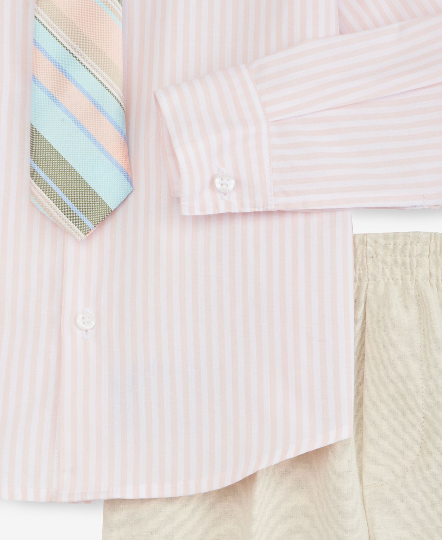 Boys' 2T-7 Peach Linen Notch Collar Suit Jacket, Pants, Long-Sleeve Stripe Shirt & Plaid Necktie, 4-Piece Set