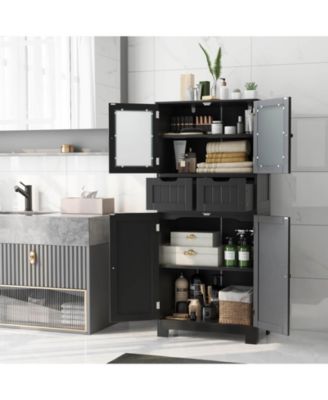 Bathroom Floor Storage Cabinet Kitchen Cupboard with 2 Drawers & Glass Doors