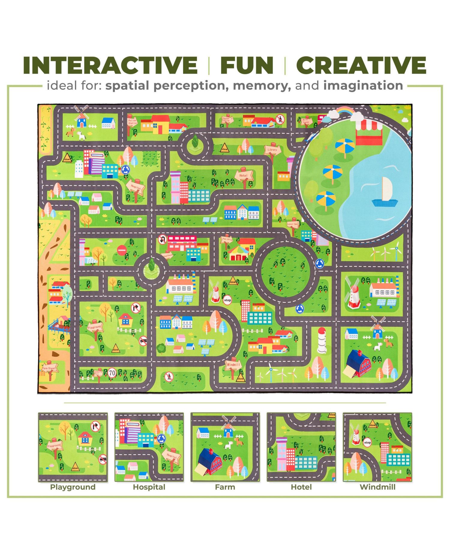 60"x79" City Roads Themed Washable Rug for Kids - For playrooms, classrooms, and bedrooms