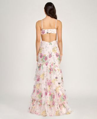 Juniors' V-Neck Embroidered Sequin Corset Mermaid Gown