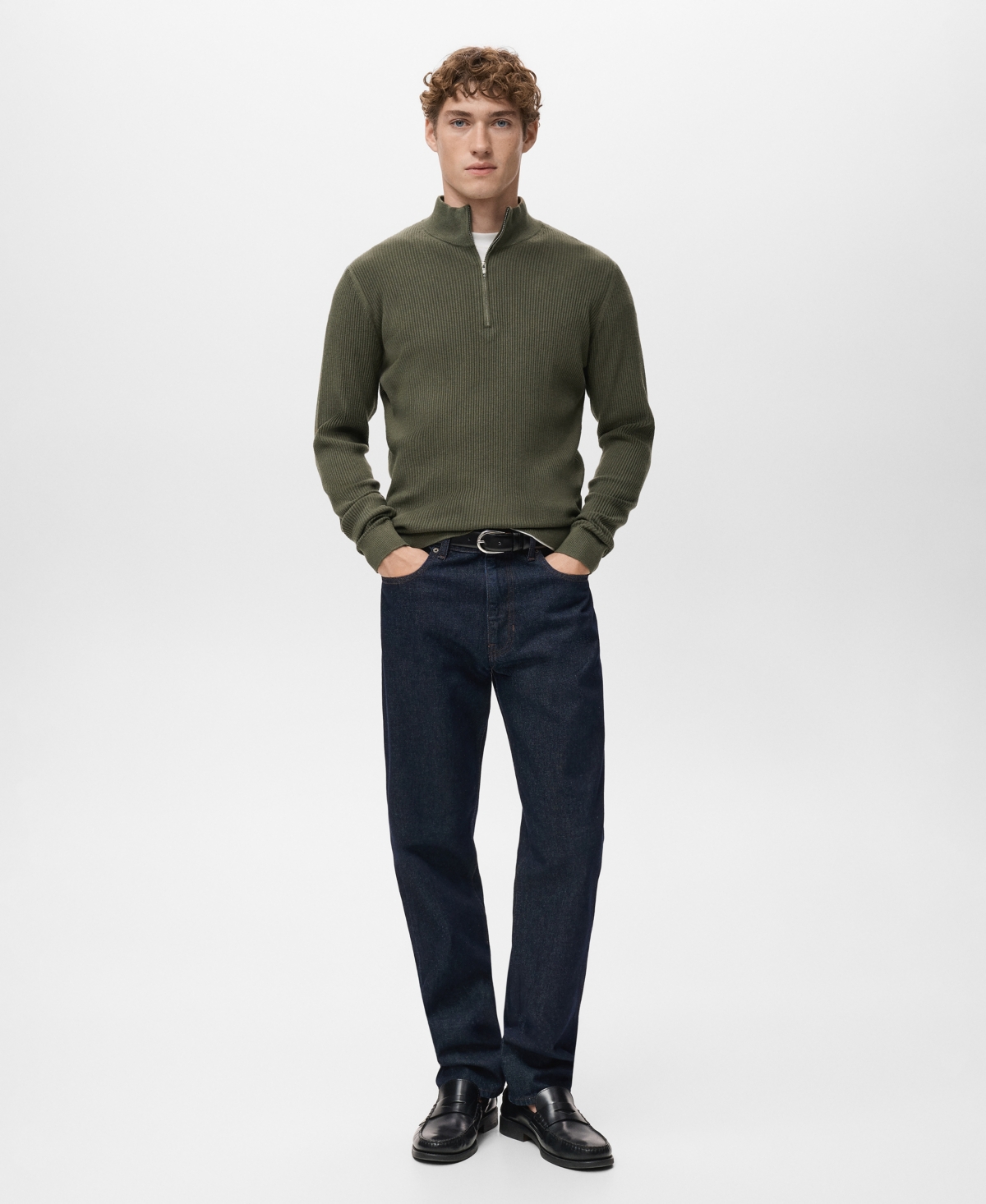 Mango Men's Zip Neck Ribbed Sweater