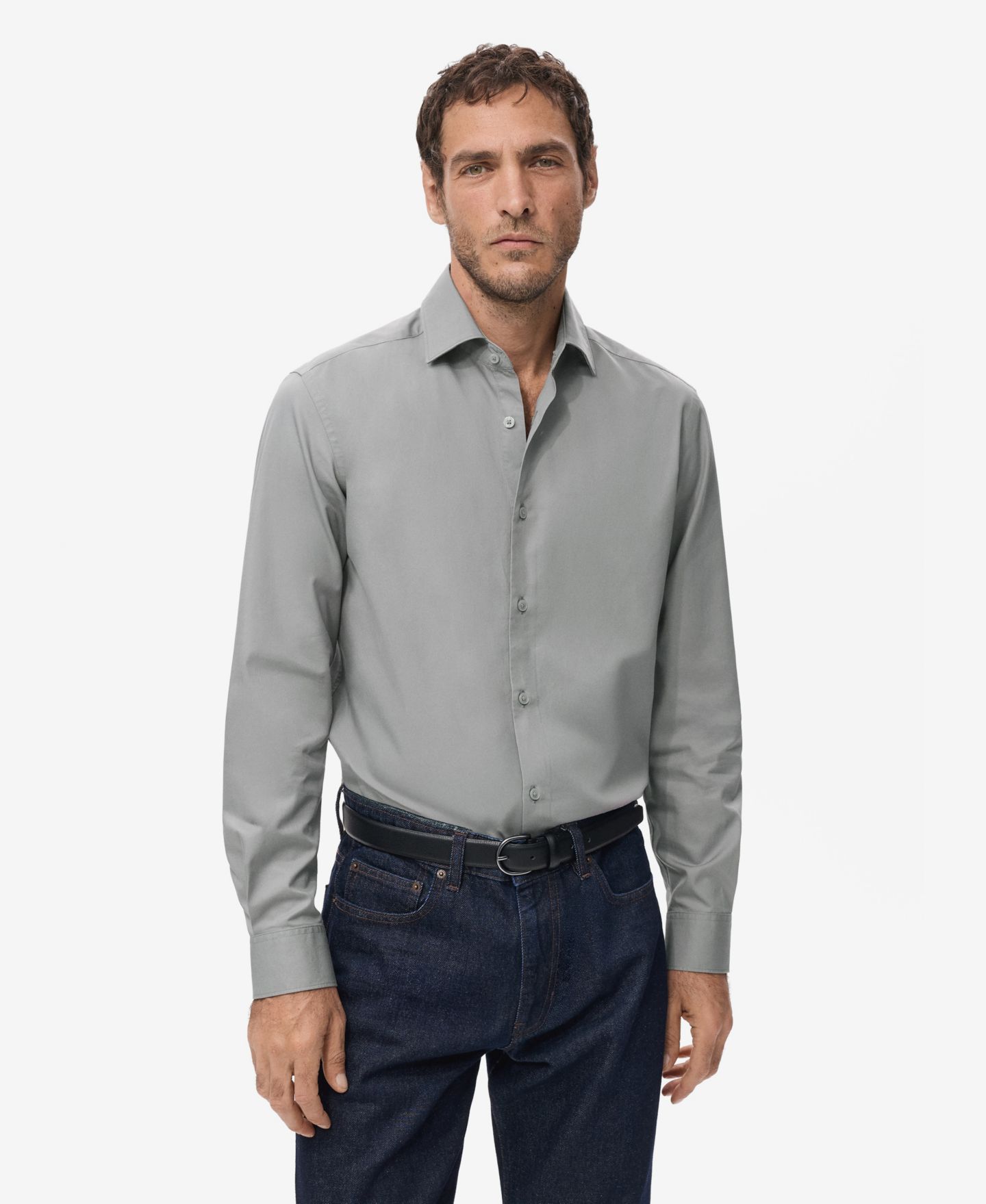Мужская рубашка Mango Slim-Fit Lyocell Cotton, цвет: Серый — фото 1