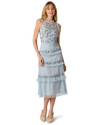 adrianna papell floral chiffon midi halter dress in turquoise multi Floral Meta Chiffon Tiered Halter Midi Dress In Blue Multi, Blue Multi / Regular / M