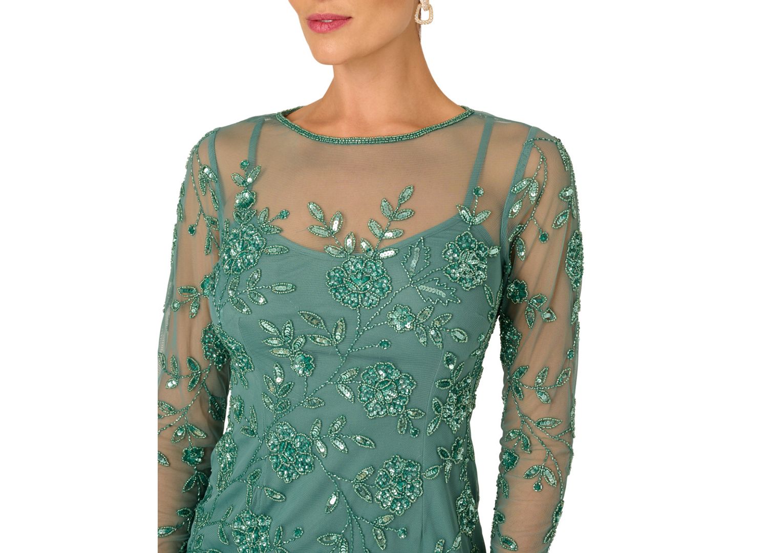 Women's Crew Neck Beaded Mesh Sheath Dress