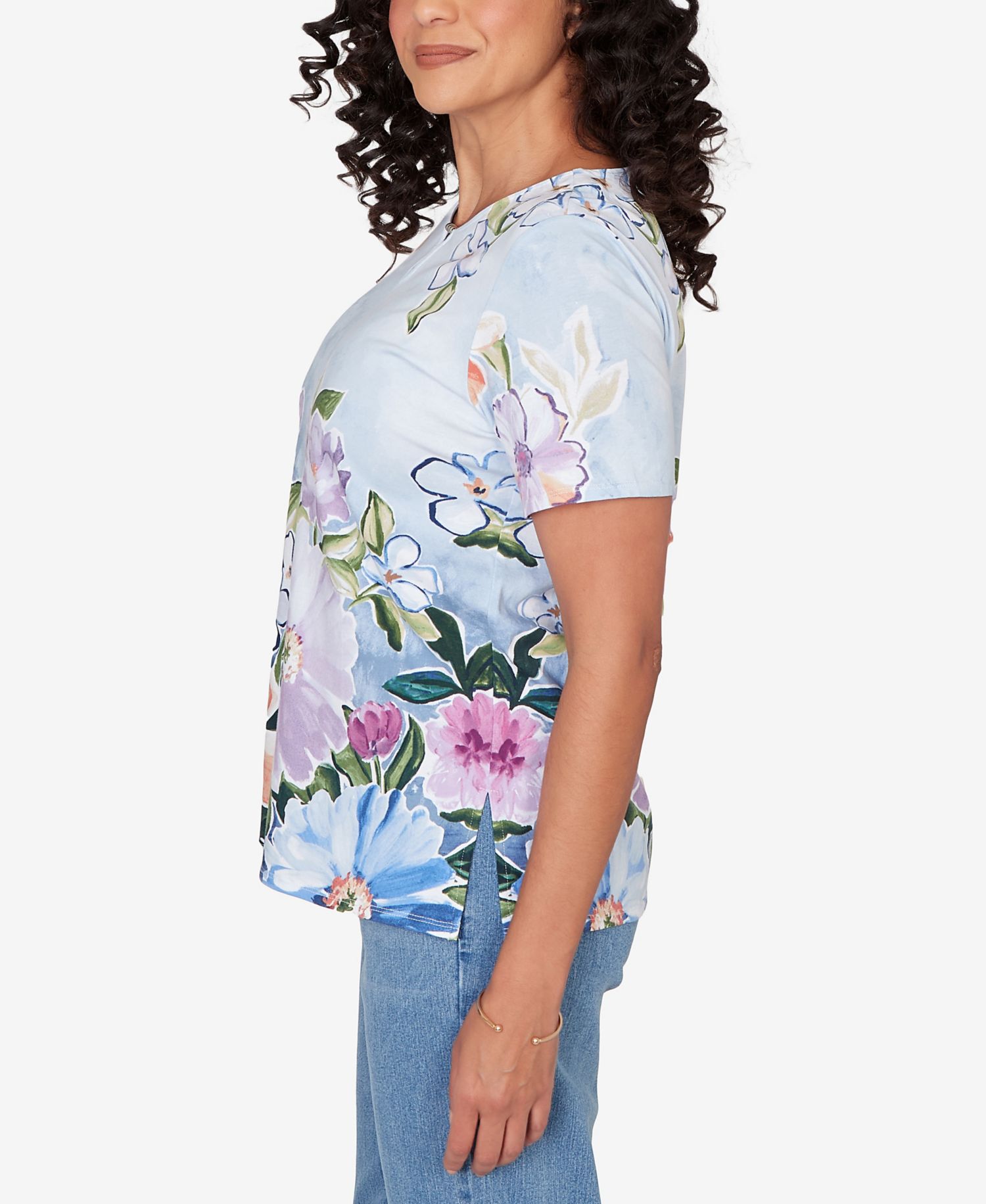 Petite Artisan Floral Split Neck Top