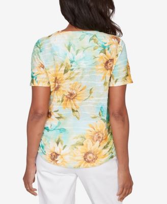 Petite  Sunflower Split Neck Side Ruched Top
