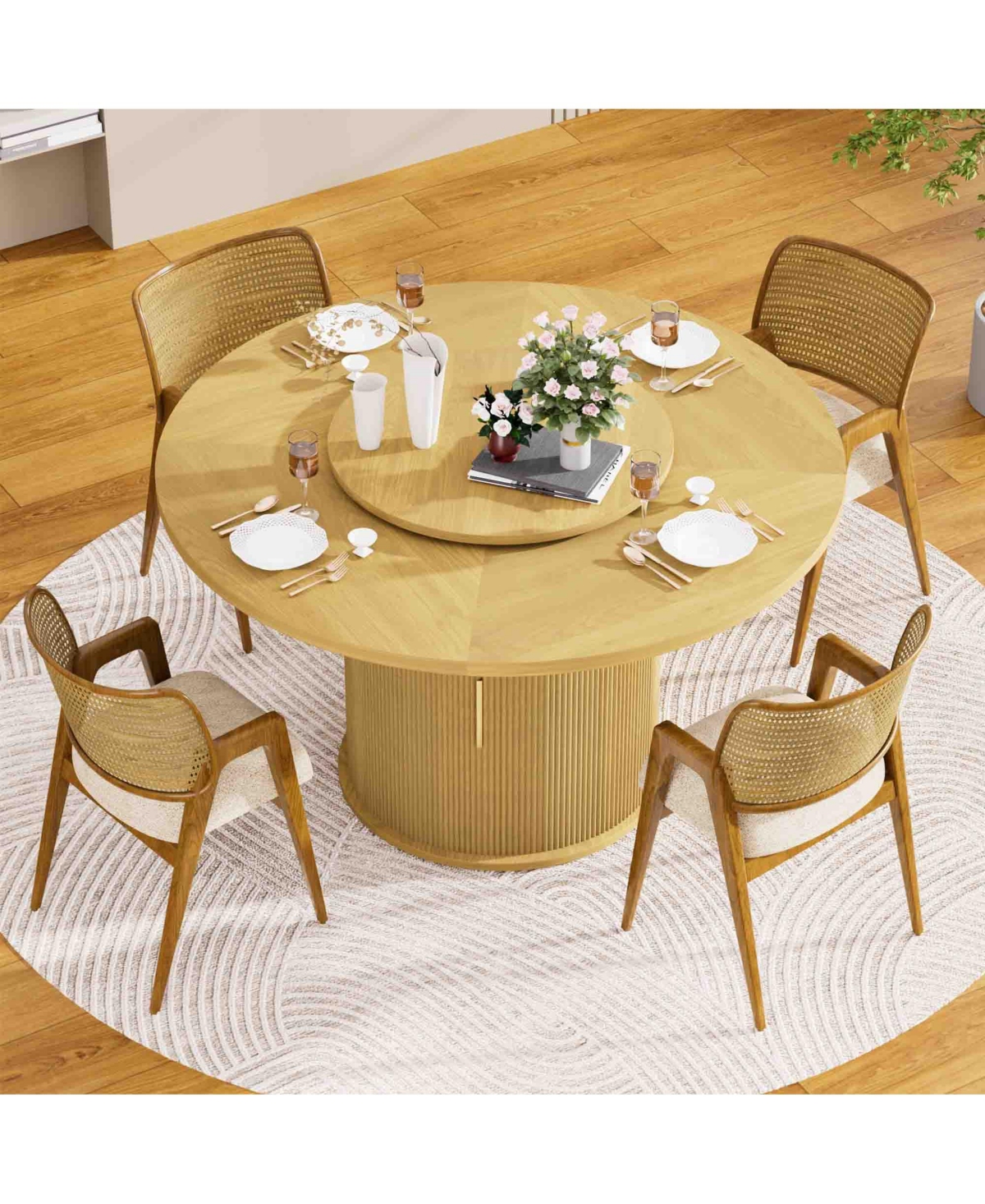 55-Inch Round Dining Table for Six with Double-Tiered Storage Rack and Rotating Top