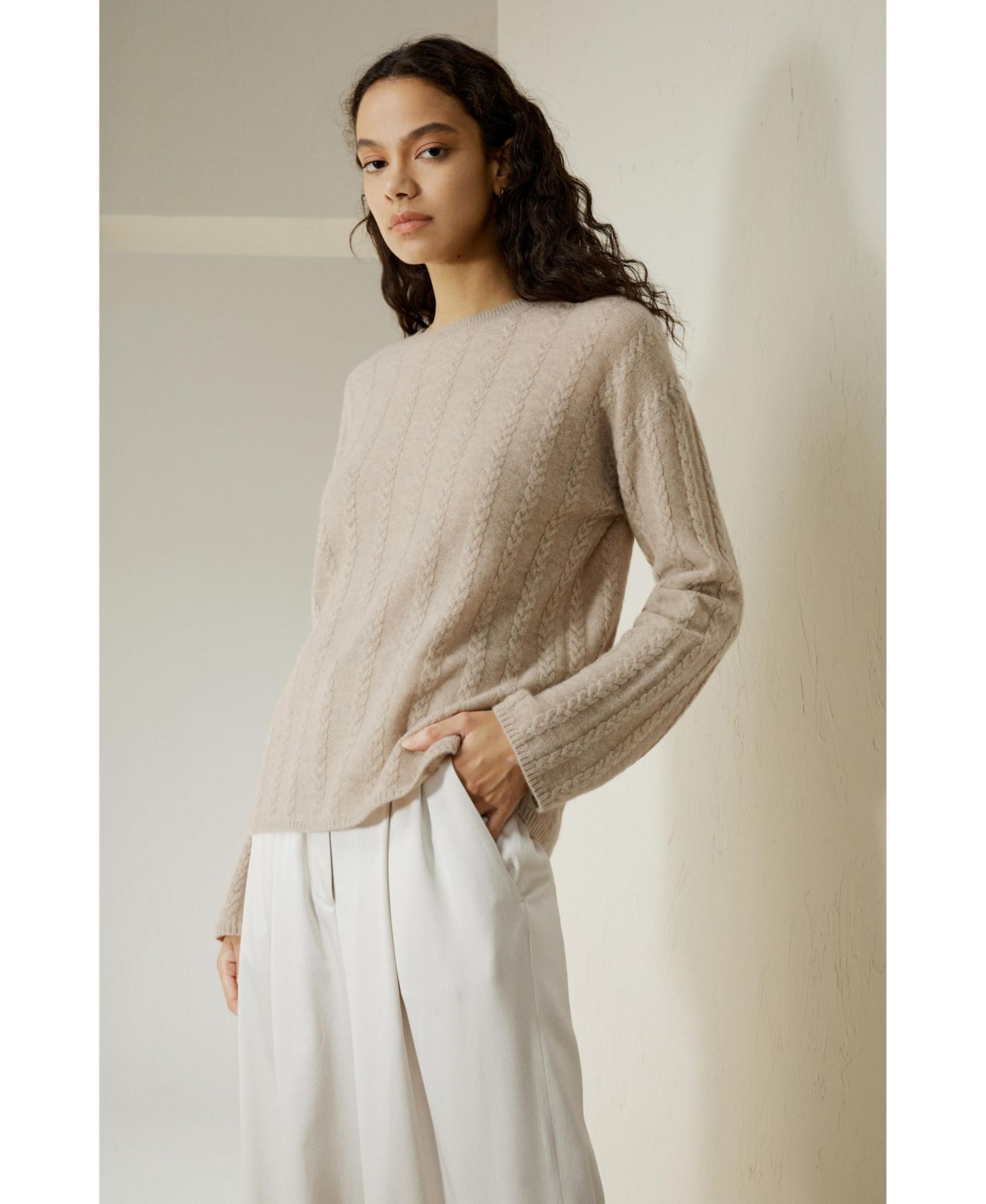 Женский свитер LILYSILK Semi-Sheer Cable-knit Cashmere, цвет: Бежевый — фото 9