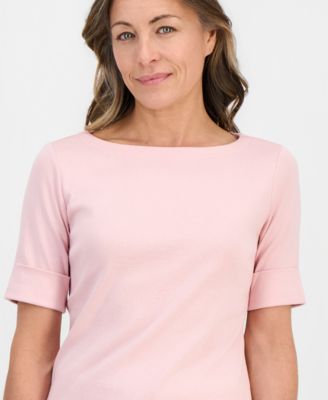 Petite Cotton Elbow-Sleeve Boat-Neck Top
