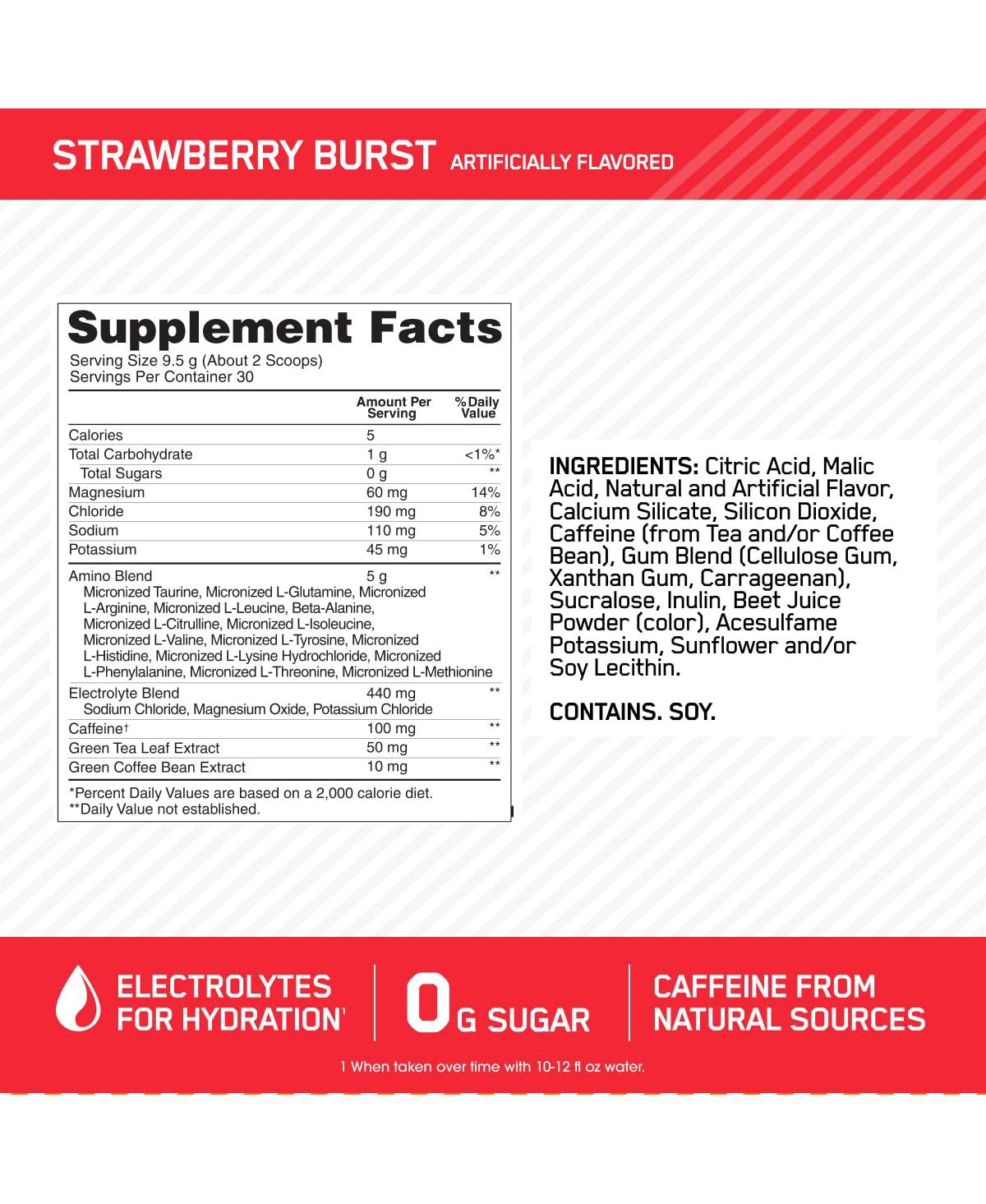 Optimum Nutrition Amino Energy Powder Plus Focus, Electrolytes, Juicy Strawberry, 30 Servings