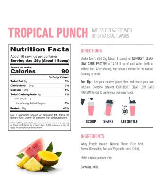 Clear Low Carb 100% Whey Protein Isolate Powder, Tropical Punch, 20g Protein, About 16 Servings