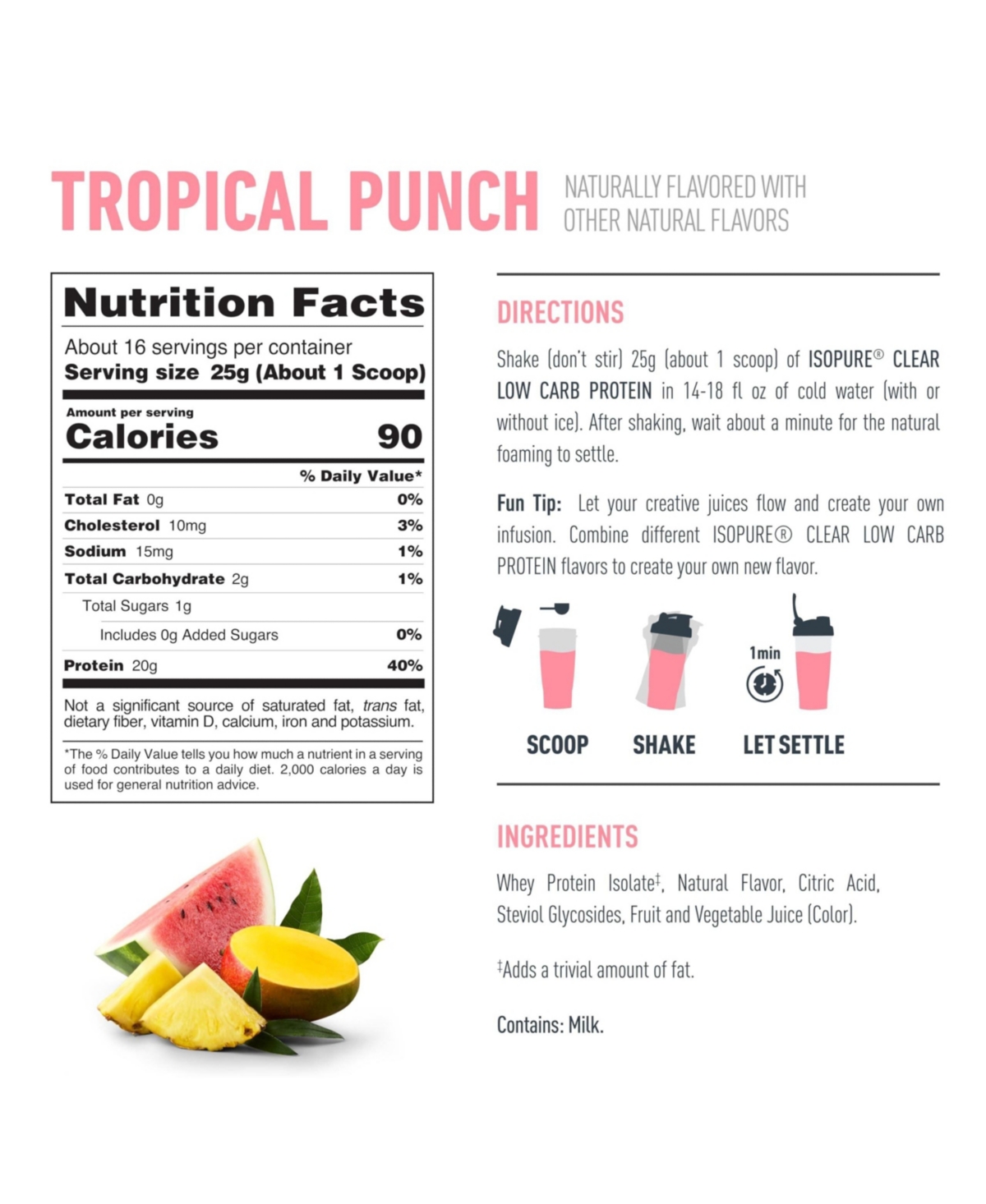 Isopure Clear Low Carb 100% Whey Protein Isolate Powder, Tropical Punch, 20g Protein, About 16 Servings