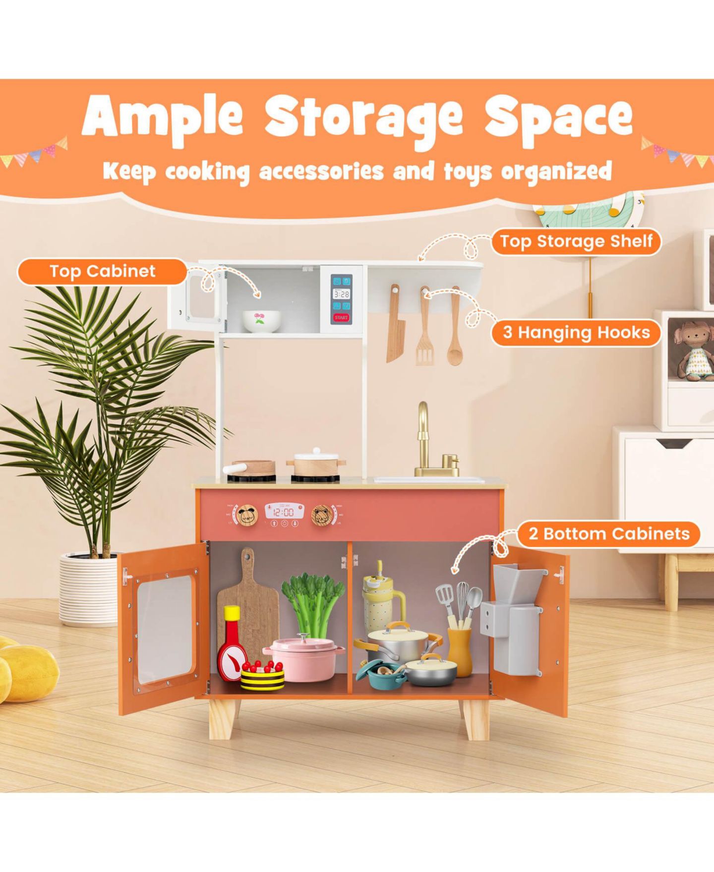 Детские игрушки Costway Kids' Play Kitchen with Microwave and Stoves, 7-Piece Set, Ages 3+, цвет: Коричневый — фото 7