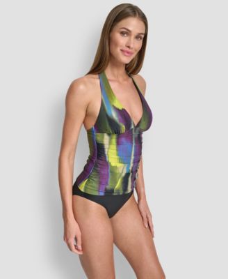 Women's Halter V-Neck Shirred Tankini Top