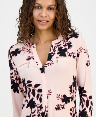 Petite Cameron Floral Split-Neck Zip-Pocket Top