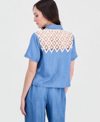 Petite Crochet-Inset Chambray Short-Sleeve Shirt