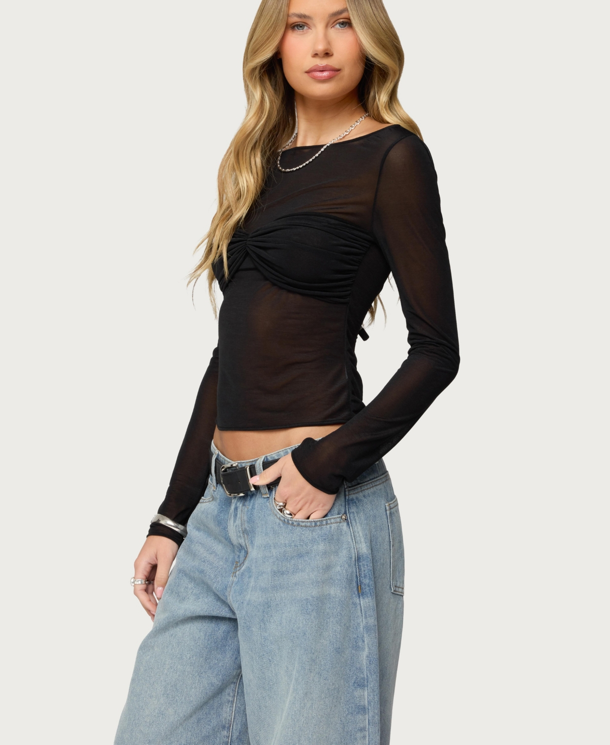 Edikted Women's Oona Sheer Gathered Long Sleeve Top