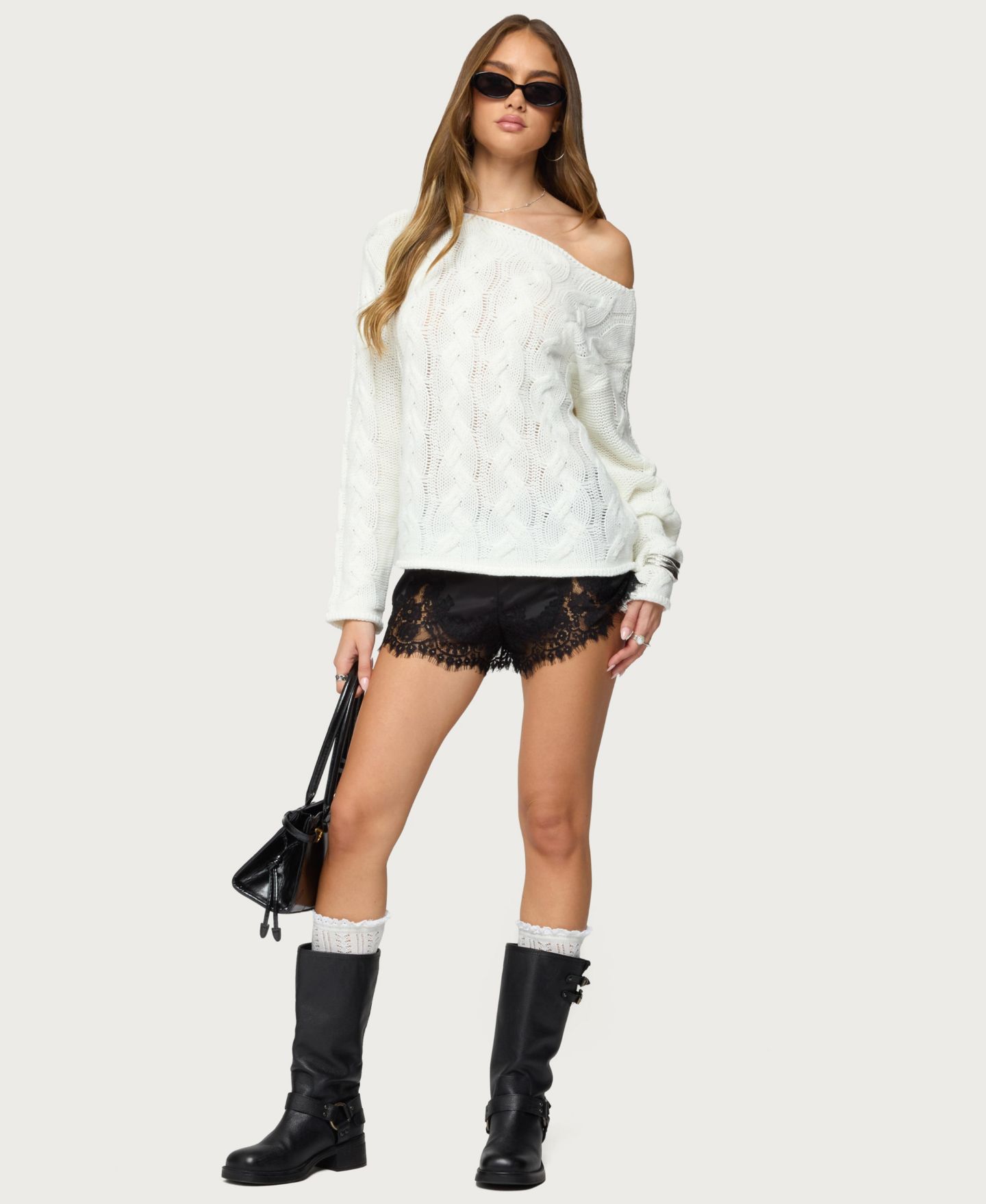 Женский свитер Edikted Nellie Off Shoulder Cable Knit, цвет: Кремовый — фото 5