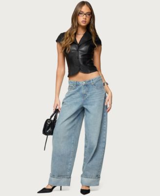 Womens Faux Leather Tailored Button Up Top