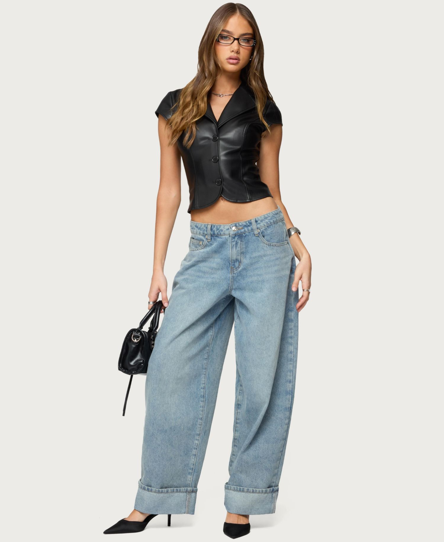 Womens Faux Leather Tailored Button Up Top