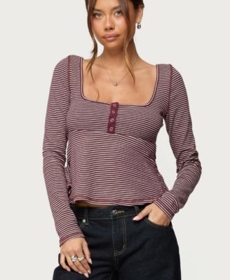 Women's Sare Striped Babydoll Henley Top